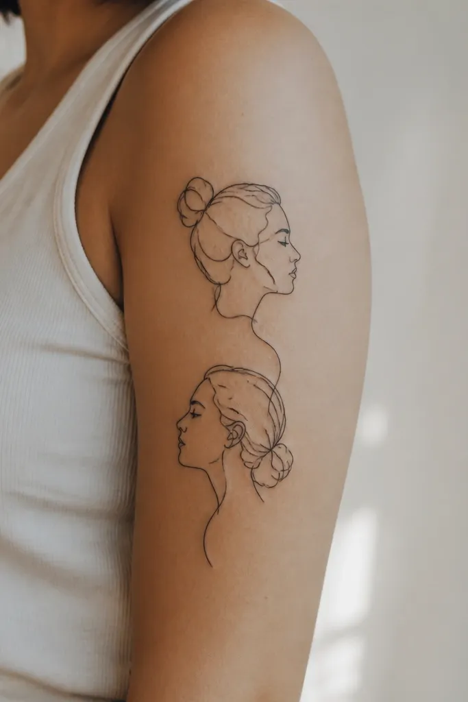 Two black line portraits drawn as side profiles, each about 4 inches tall, stacked vertically on the outer upper arm with a shared background line.