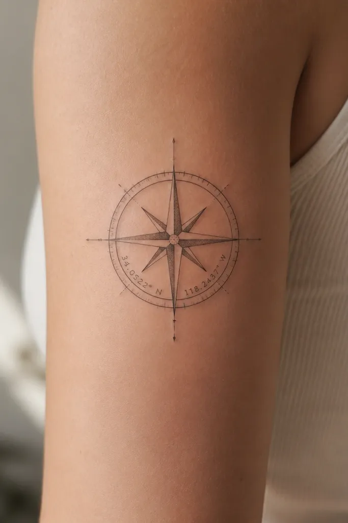 A compass rose linework frame around a small set of coordinates on the upper arm. The compass has 8 points, thin line shading, and a tiny dotwork center. Coordinates sit in the inner ring in small, crisp numbers.
