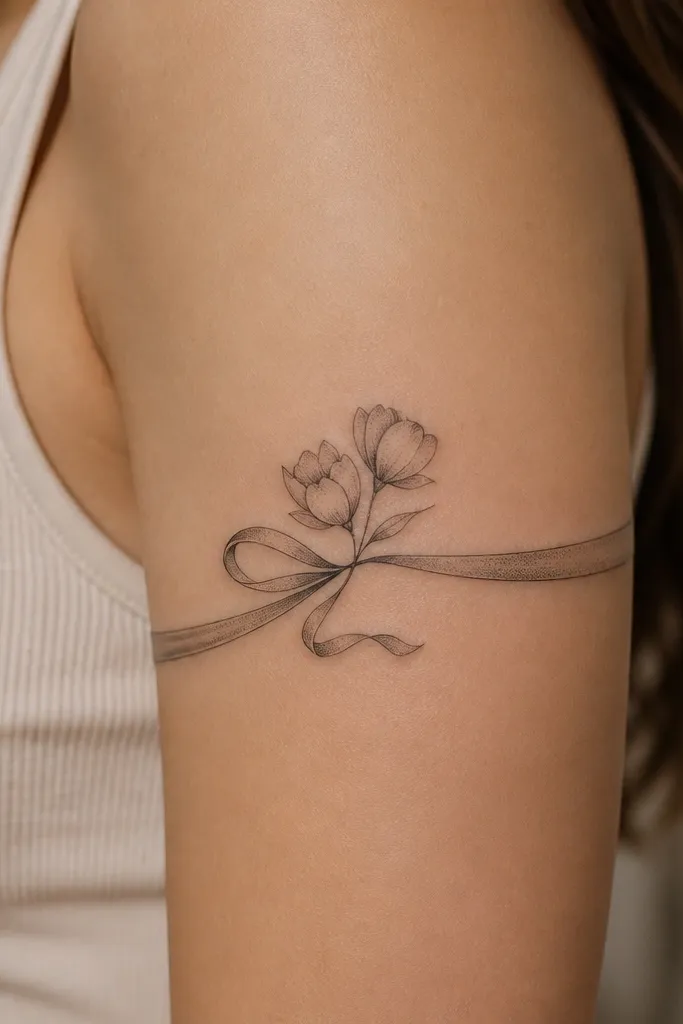 A ribbon band wraps along the upper outer arm with two small flower buds. The flowers have simple petals shaded with light dotwork, and the ribbon has thin highlight lines.