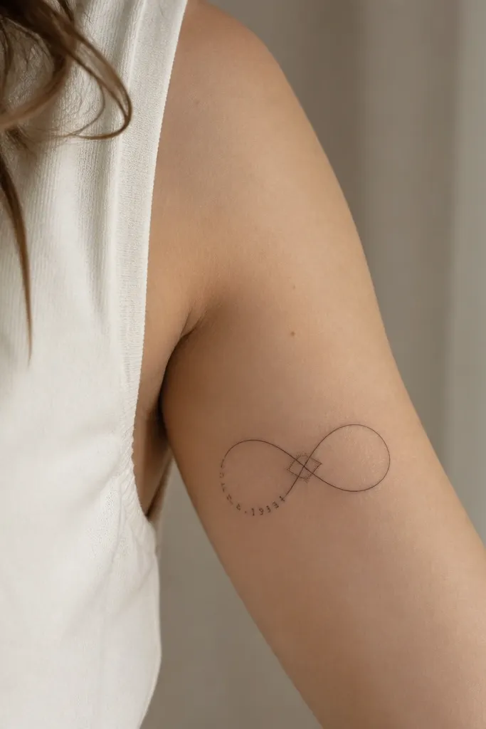 A fine-line infinity knot on the upper inner arm. Inside the left loop, tiny date numbers are woven along the line. The knot has subtle dot shading at the crossover points.