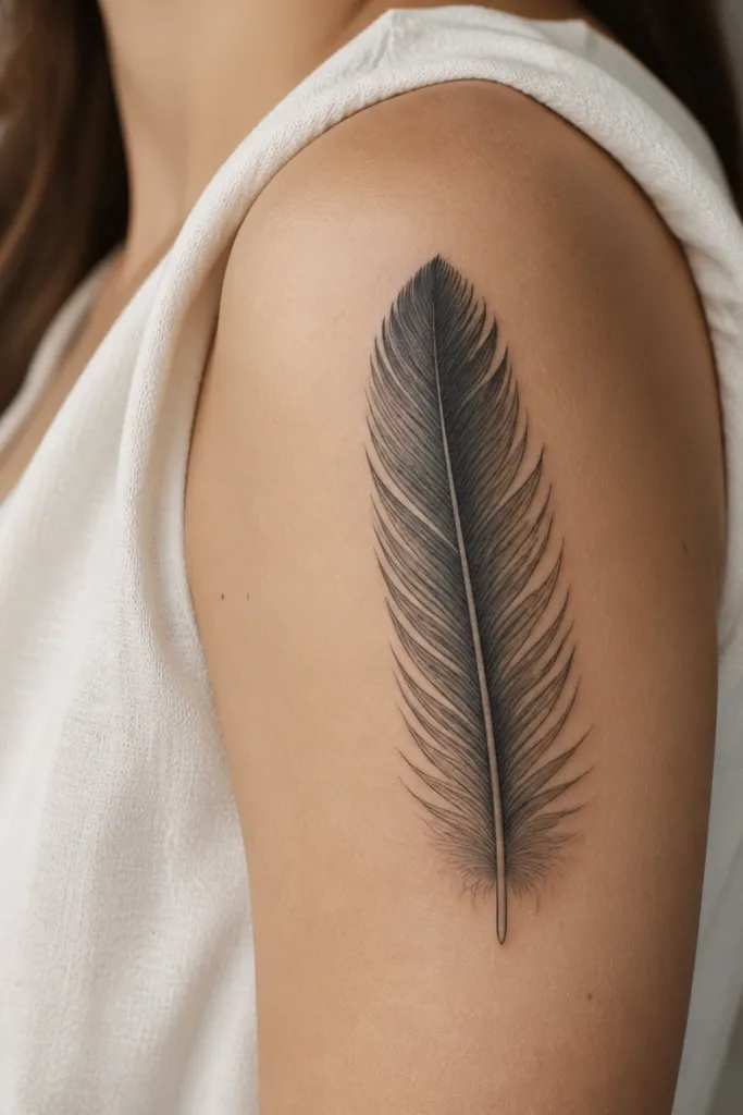 A black and gray feather on the upper arm with tiny micro-text along the center shaft. The feather has crisp barbs with soft shading near the base.