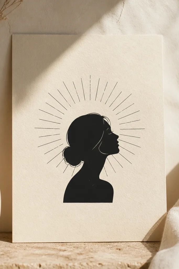 A small sunburst shape in black linework behind a minimal portrait silhouette. The portrait is simple and flat, with a few dot highlights. Rays radiate outward with even spacing.