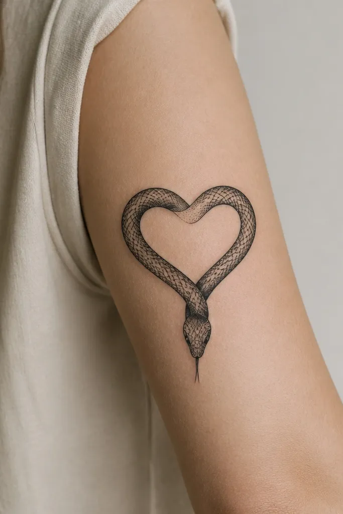 A blackwork serpent forming a heart loop. The serpent body has thin scales suggested with short lines and dot shading. The heart point sits near the mid outer arm.