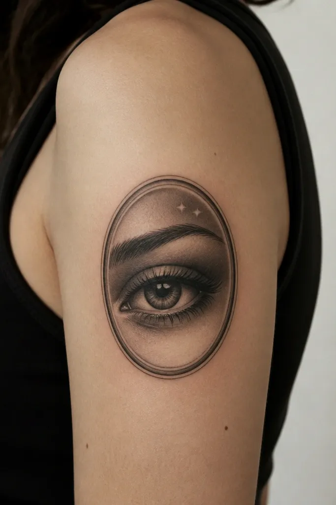 A black and gray eye in an oval frame on the upper arm. Two small spark dots sit near the upper eyelid. The oval frame has fine line shading and slight blur-styled gradients.