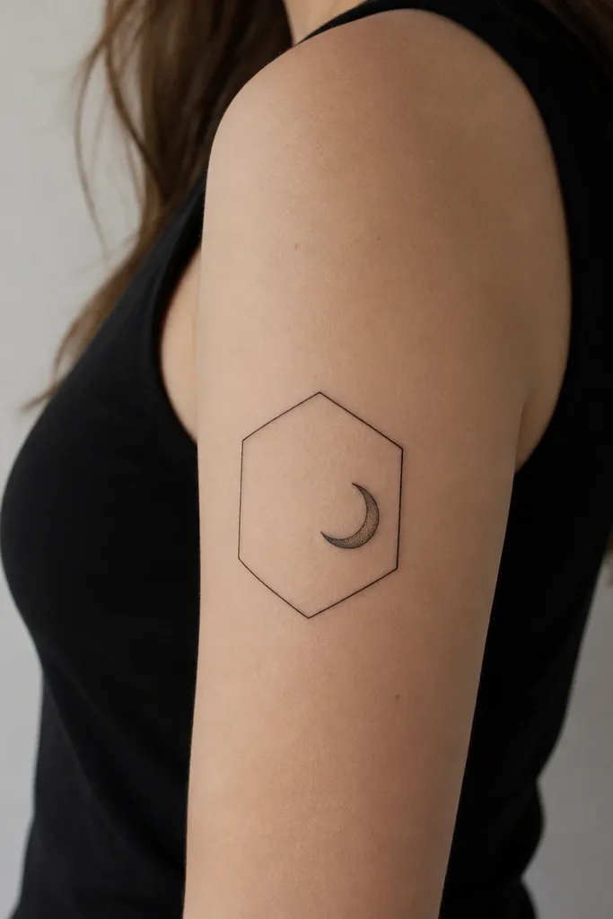 A thin geometric hexagon frame on the upper arm. Inside it, a small crescent moon with dot shading sits off-center. The lines are crisp and evenly spaced.