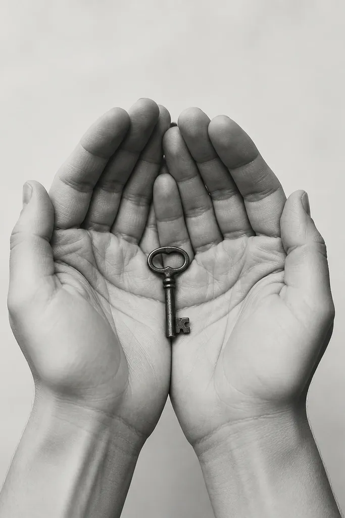A small black and gray linework pair of hands cupping a tiny key. The key has teeth details, and the hands have soft shading at the knuckles.