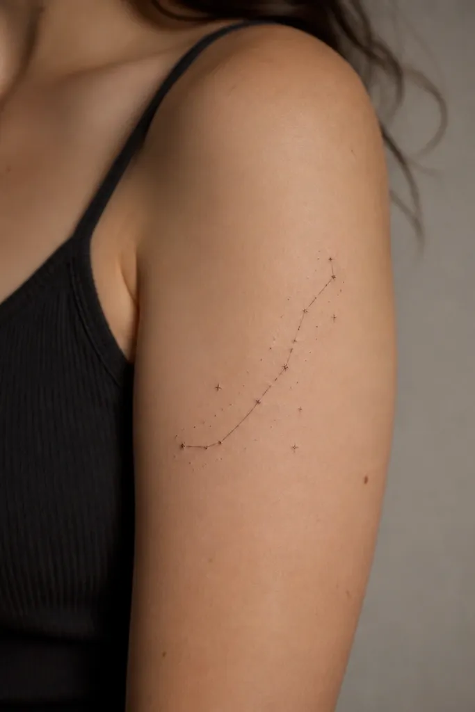 Tiny dot and line constellation stars arranged along a gentle curve on the upper arm. A few faint lines connect stars like a small diagram. No large planets, just pinpoints.
