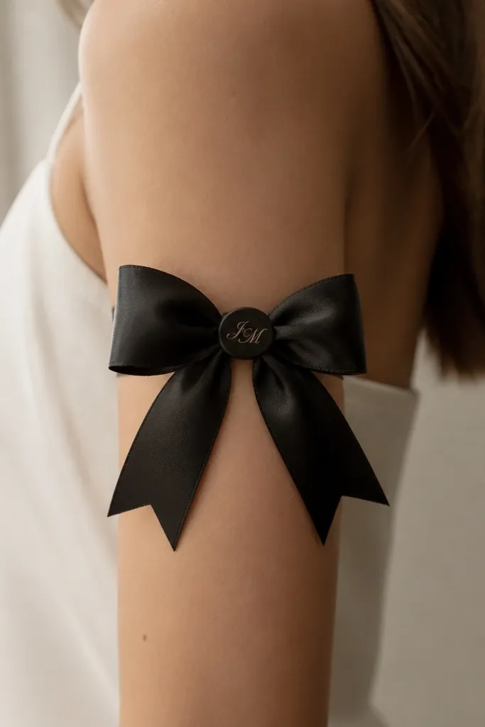 A black ribbon bow on the upper arm with a looped center. Inside the center knot, two tiny initials sit in thin script. The ribbon has light gray shading on folds.