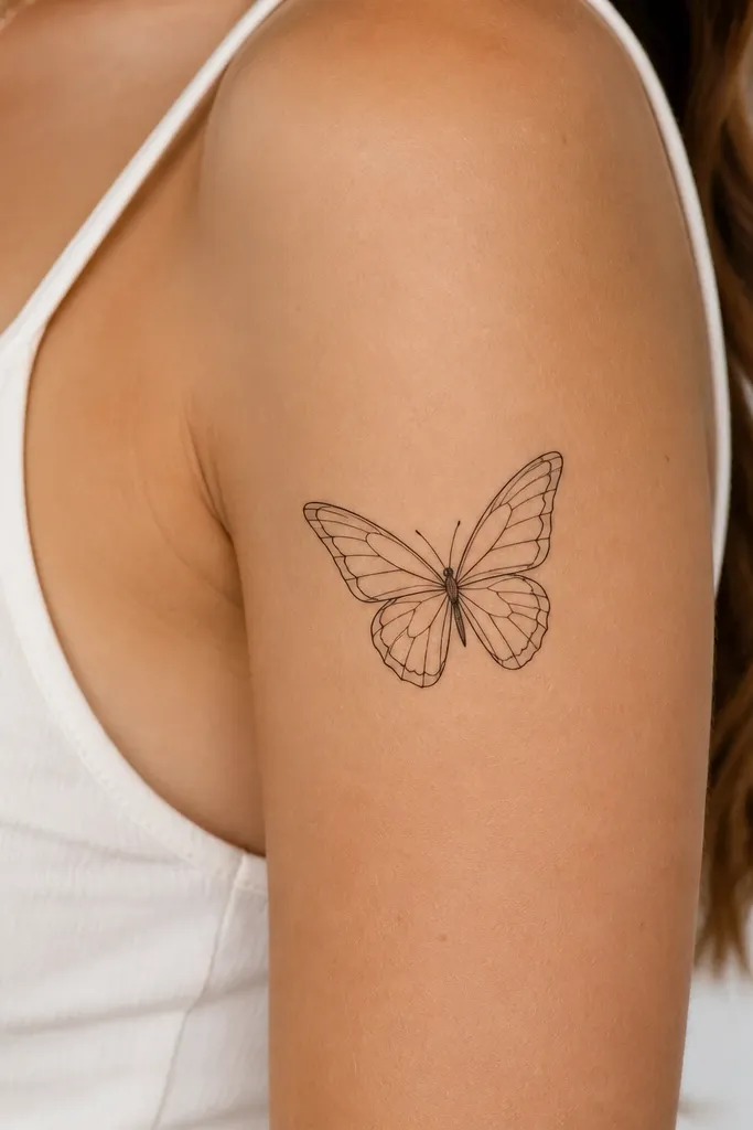 A delicate butterfly on the front upper arm drawn with thin black linework, leaving large white negative-space gaps inside the wings.