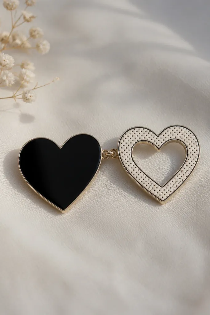 Two linked hearts connected by a small chain-like line; one heart is solid black and the other is an outline with light dot fill.