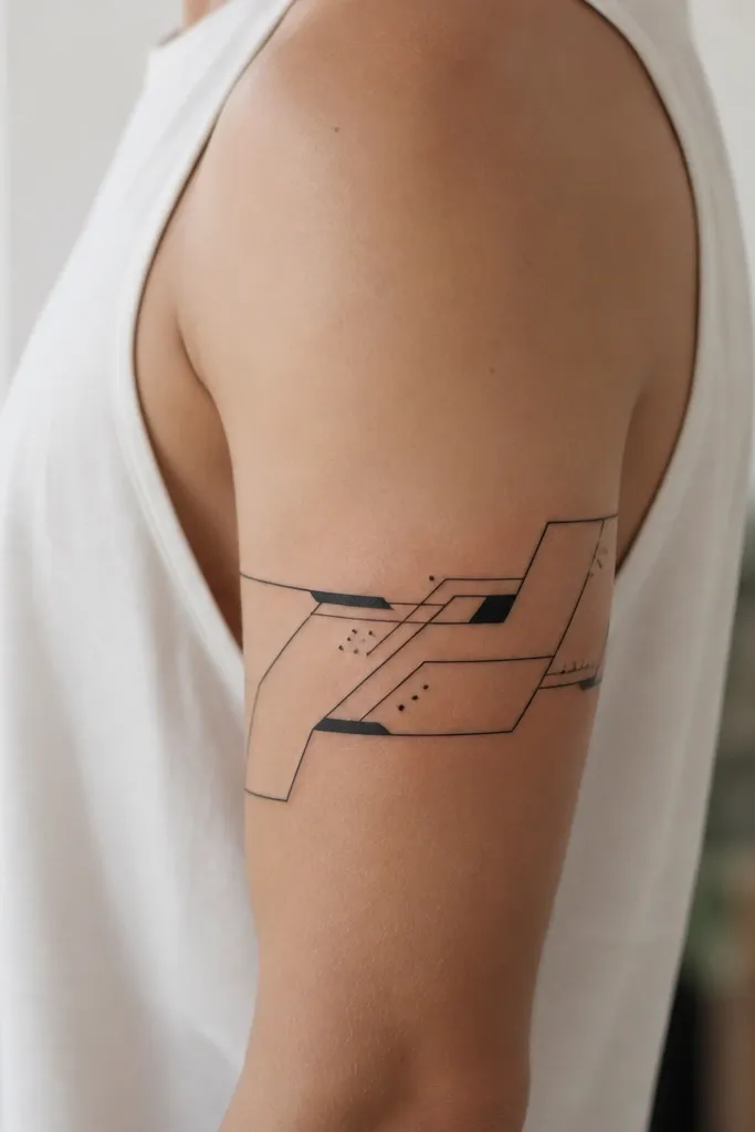 A partial armband on the upper arm made of angled black lines and geometric panels with a few dot clusters used as highlights.