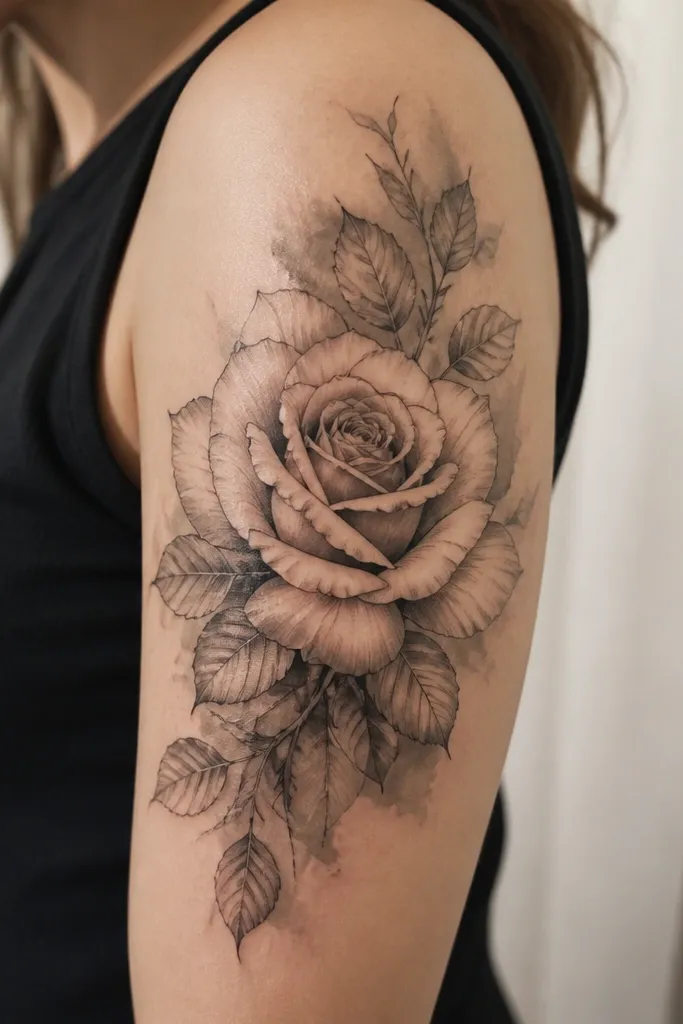 A rose with crisp black linework petals plus soft gray wash shading that fades outward across the outer upper arm.