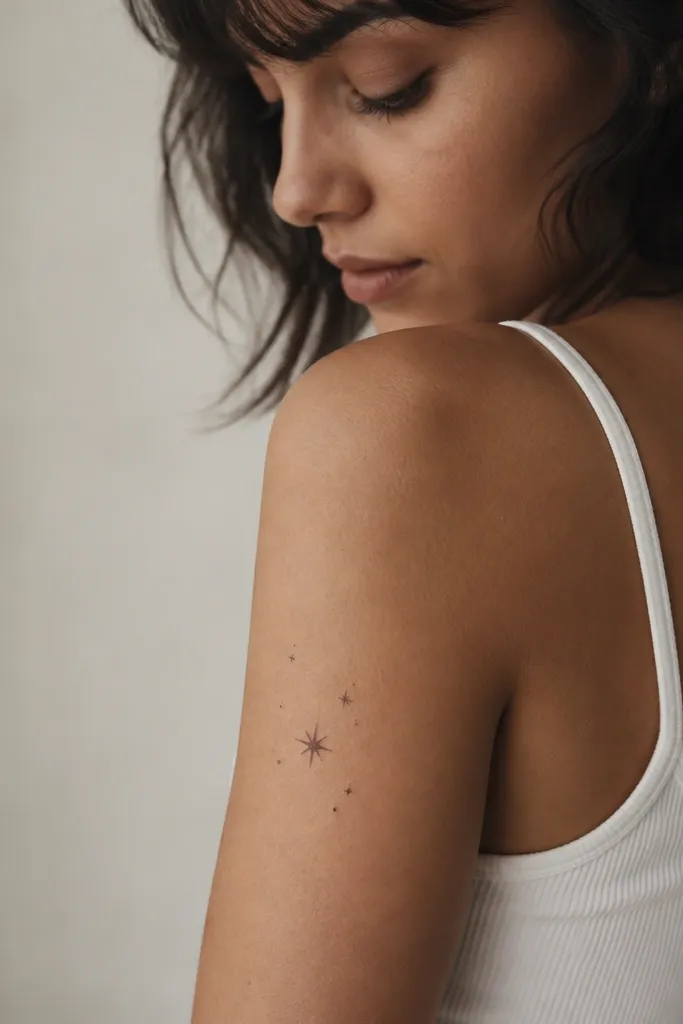 A small cluster of stars on the upper arm made of fine dots, with one star drawn thicker and slightly larger.