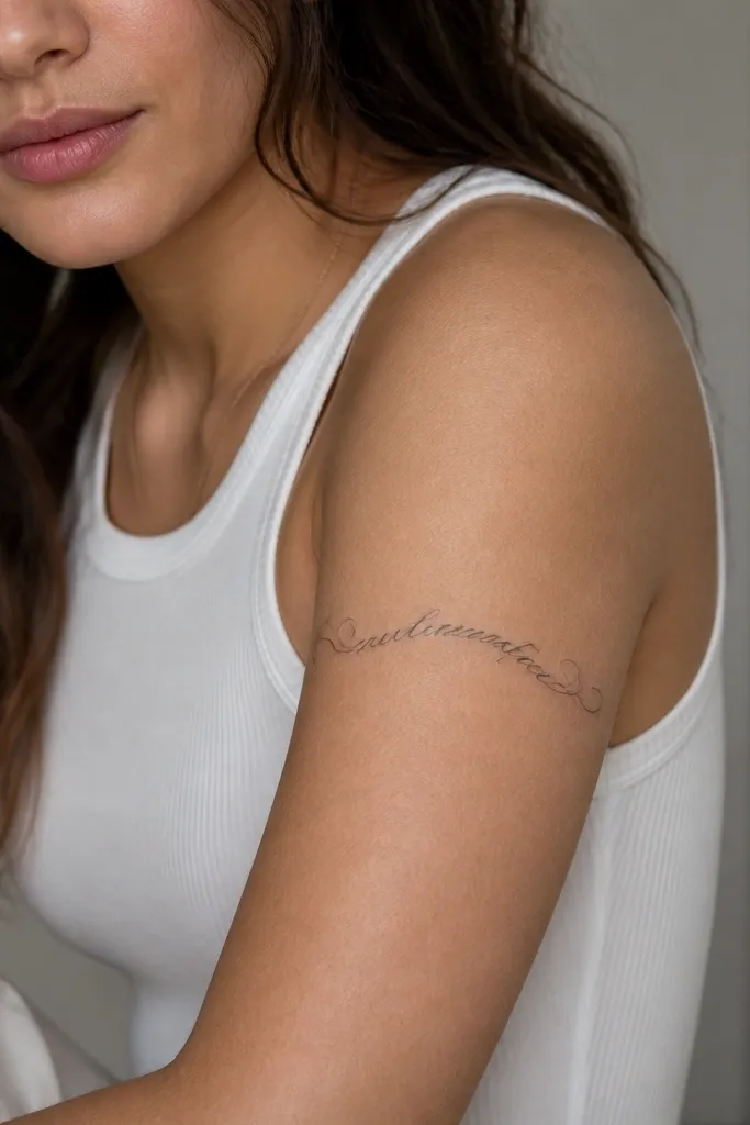 A script word across the front upper arm with a gentle bow shape, thin flourishes at the ends, and light gray shading under the letters.