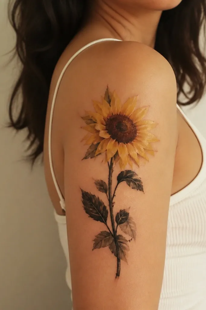 A sunflower on the outer upper arm with bold black stem and leaves, yellow petals with soft watercolor-like edges, and a warm brown center.
