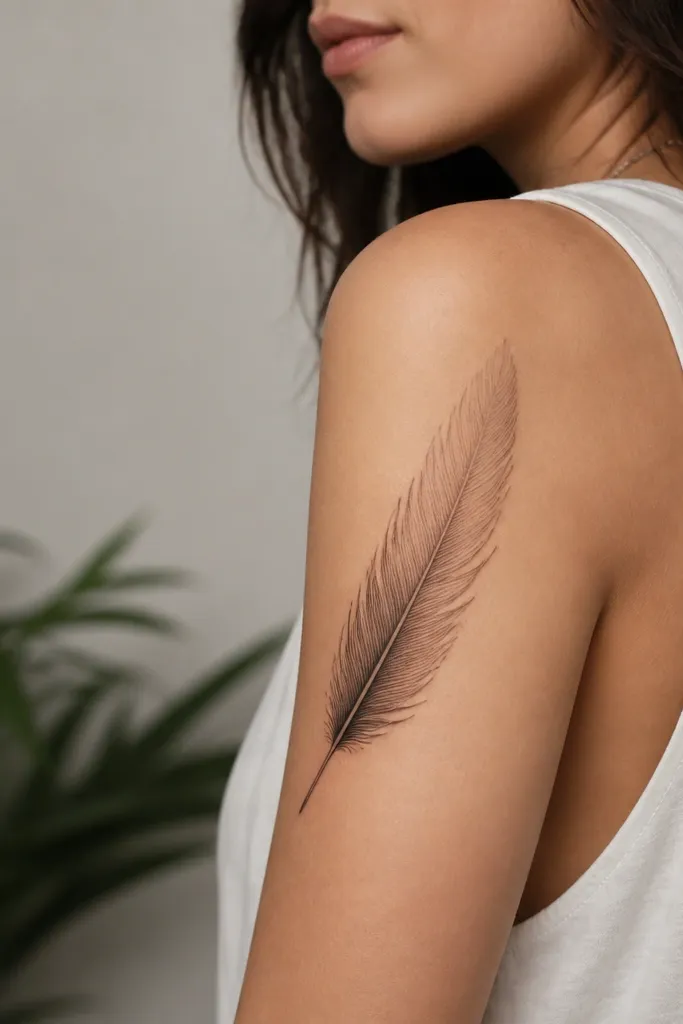 A feather tattoo on the outer upper arm with fine line veins and shading that starts dark at the quill base and fades toward the tip.