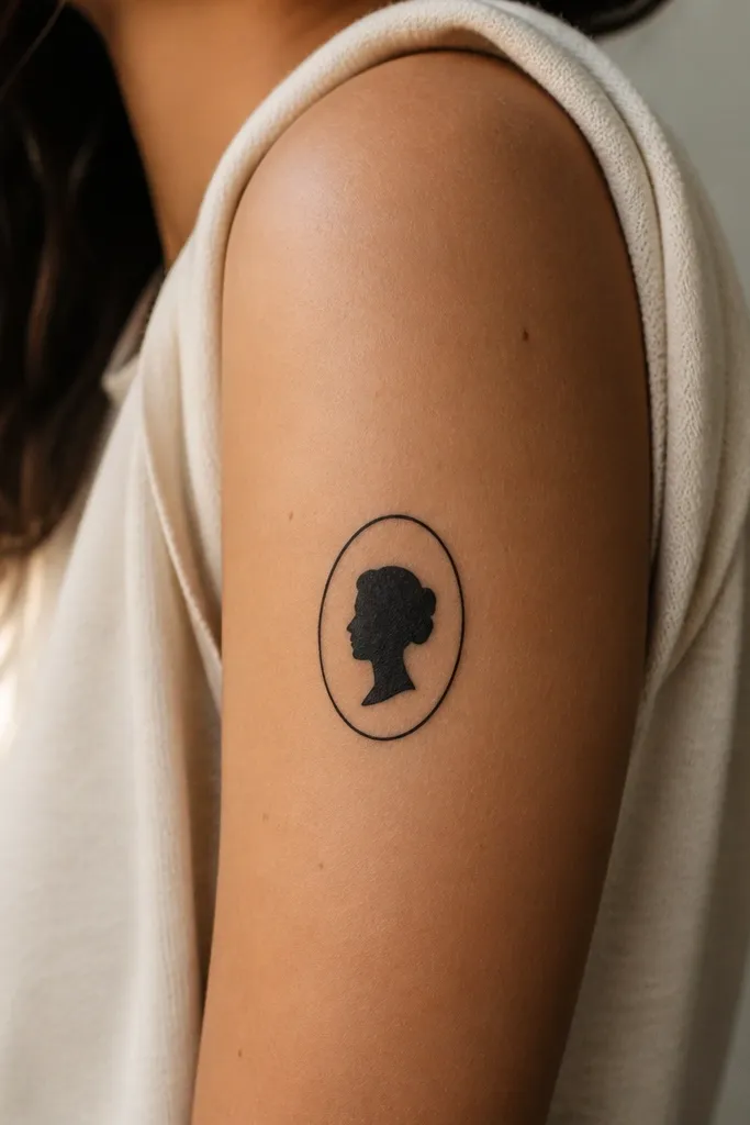 A small solid black silhouette portrait inside a simple oval frame on the upper arm.