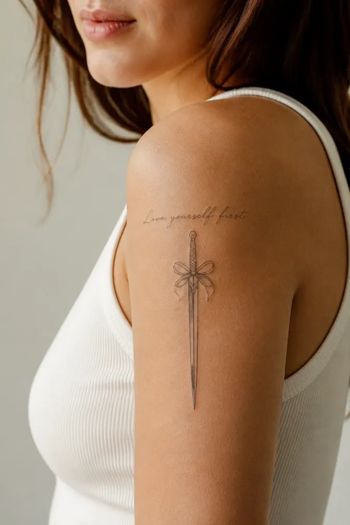 A thin dagger on the outer upper arm with a small ribbon knot near the hilt, plus a short script phrase above it.