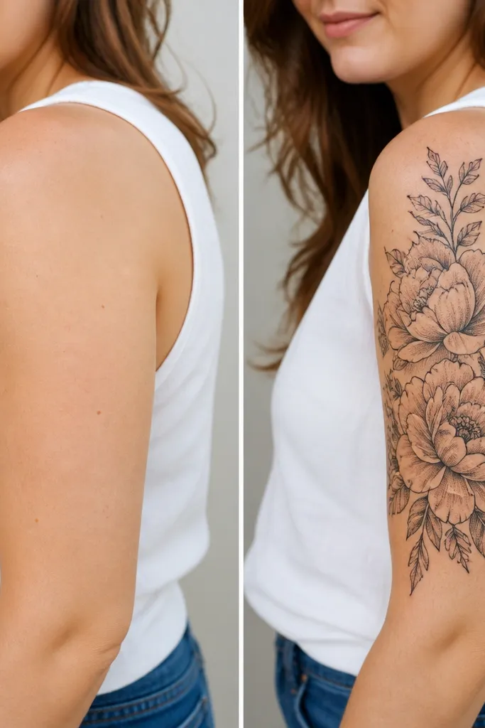 Before and after upper arm tattoo transformations for women