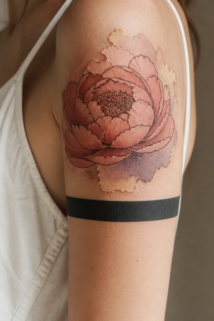 A peony head in muted coral and dusty pink watercolor sits on the upper arm. A thick black outline outlines the peony petals, and a black band wraps around the mid-upper arm like a cuff. Light splashes of pale cream and light lavender fade into the skin with clear edges.
