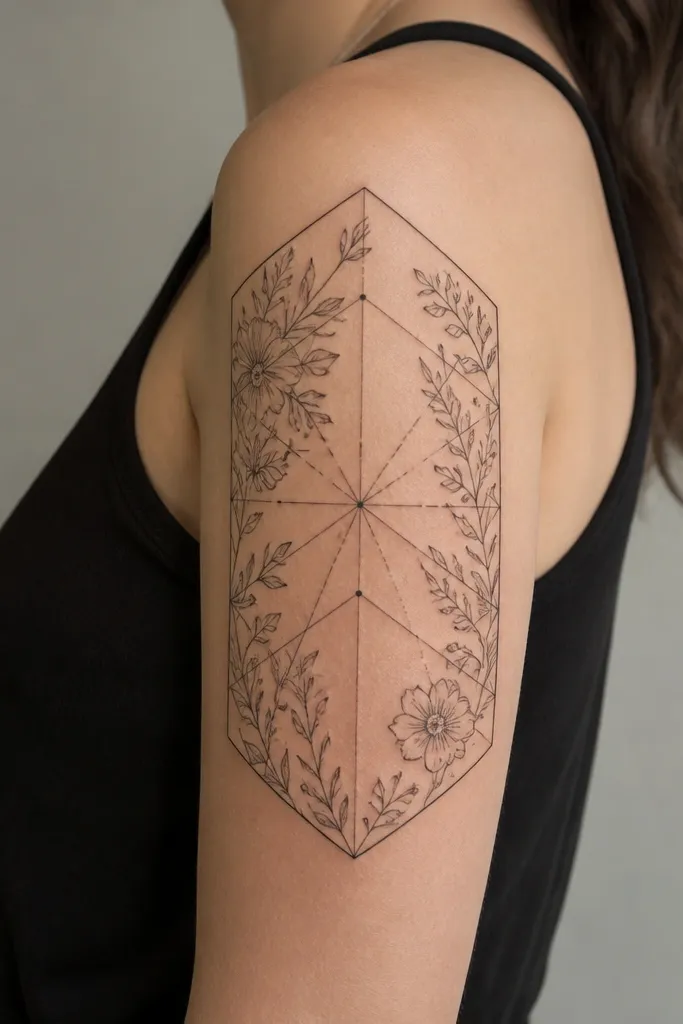 A large hexagon panel in black linework occupies the outer upper arm. Inside are thin geometric lines and small dot intersections. Around the edges are thin-line flowers and leaves drawn in black, with lots of skin showing between shapes.