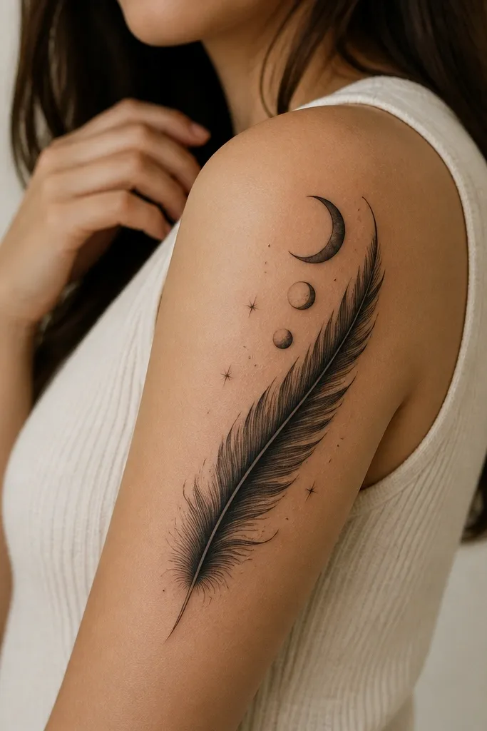 A sweeping black feather runs diagonally along the outer upper arm, with fine barbs. Near the top is a crescent moon and three small moon phases stepping downward. Tiny stars are sprinkled sparsely in the open space, and the feather has a soft shading gradient at the base.