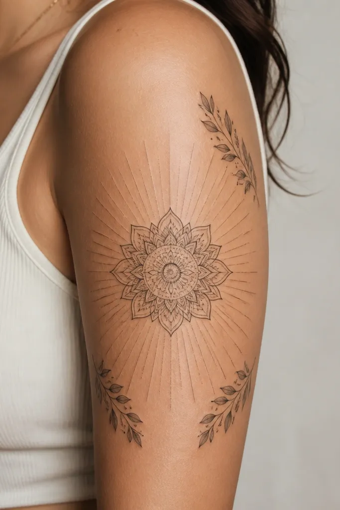 A medium mandala sits on the outer upper arm with symmetrical petals. Behind it is a sunburst pattern made from thin lines that radiate outward using negative space. Small leaf clusters fill only the outer corners, with lots of skin left clean.