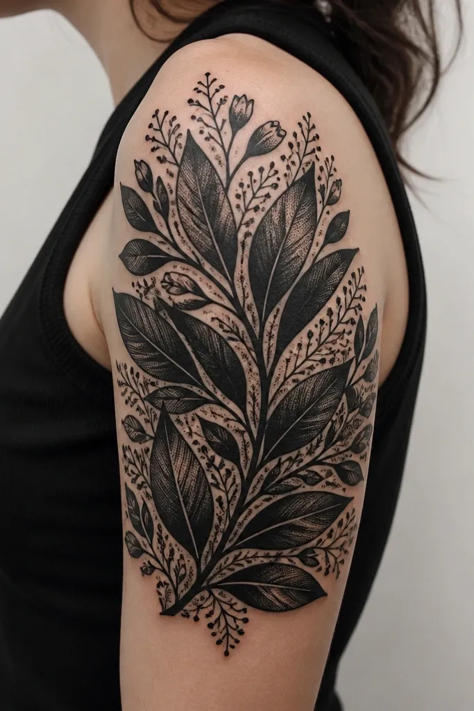 A dense blackwork botanical cluster fills the outer upper arm. Thick stems and large leaves form the main shapes, with stipple shading inside leaf segments. Small buds and tiny seed-like dots fill gaps between leaves, with crisp negative space around the outer border.