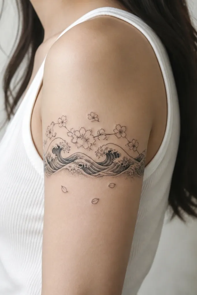 A horizontal wave band wraps across the upper outer arm. The waves are black and gray with crisp linework, and above the band are small cherry blossoms in black outlines. A few blossom petals drift down into the negative space, with a faint spray of gray at the wave crests.