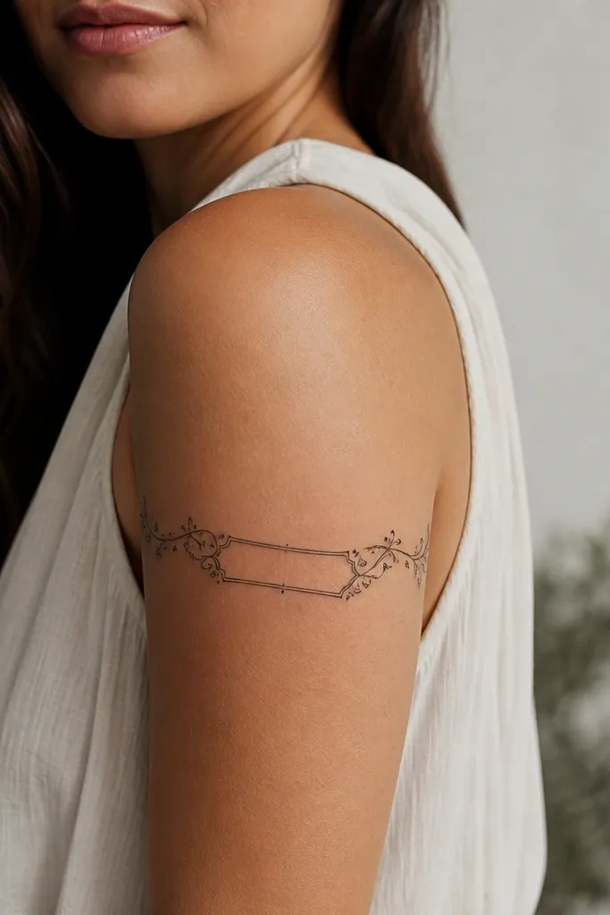 A curved script line sits along the outer upper arm, with a small rectangular nameplate feel. The corners have ornate black flourishes like curling vines. Tiny dotwork accents sit between flourishes, and the background stays clean with only minimal shading.
