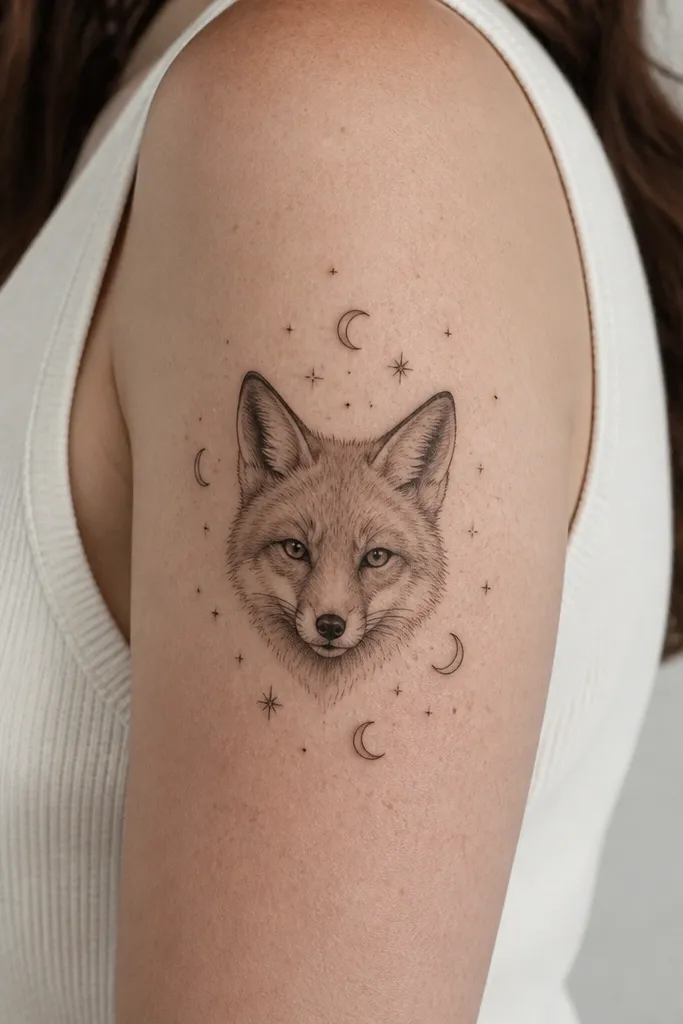 A small black-and-gray animal portrait, like a fox head, sits on the outer upper arm. Surrounding it are simple star shapes and a few crescent moons. The shading is smooth around the face, with sharp linework outlining the eyes and nose.