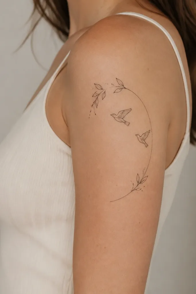 Two or three fine-line birds fly upward on the outer upper arm. A continuous line frame curves around the birds like a loose arc, with tiny leaf sprigs and micro dots at the ends. The design is mostly outlines with clean negative space.
