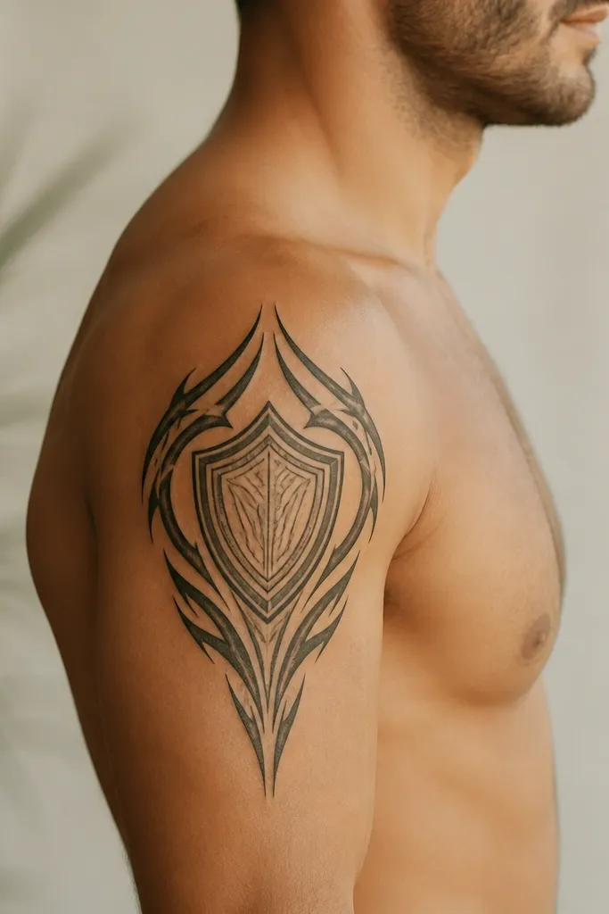 A shield-shaped emblem sits on the outer upper arm in black linework. Around it is a tribal-inspired panel with bold symmetrical curves that taper toward the shoulder. The center has a few internal line details, and the background is mostly clean skin.