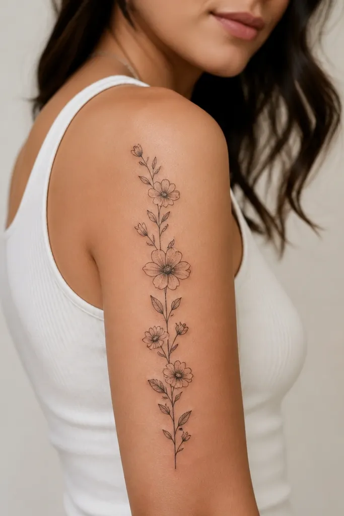 A vertical stem runs down the outer upper arm like a ladder. Petals and small flowers attach along the stem in a staggered arrangement. The leaves are outlined in black with minimal stipple, and the spaces between flowers are clean.
