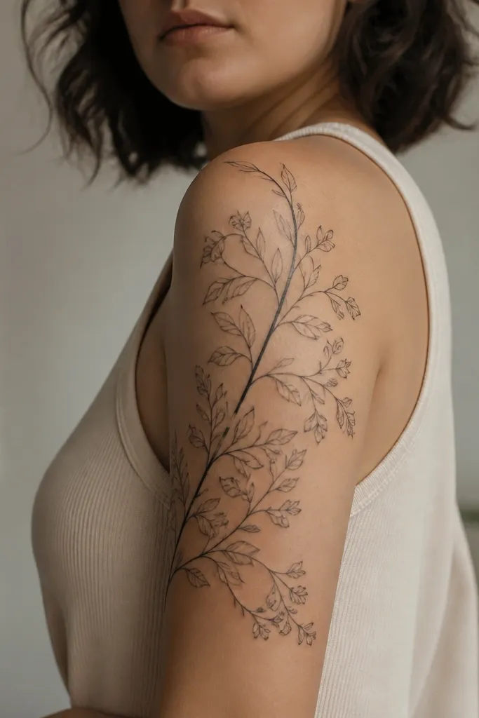 Upper arm half sleeve with delicate leaves and small blossoms in thin black lines, plus one thicker stem line that runs diagonally from shoulder toward mid-bicep.