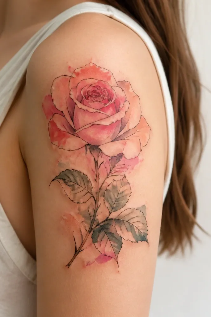 A watercolor-style rose on the upper arm with soft pink and peach washes, crisp petal outlines in black, and a background that stays mostly blank around the edges.