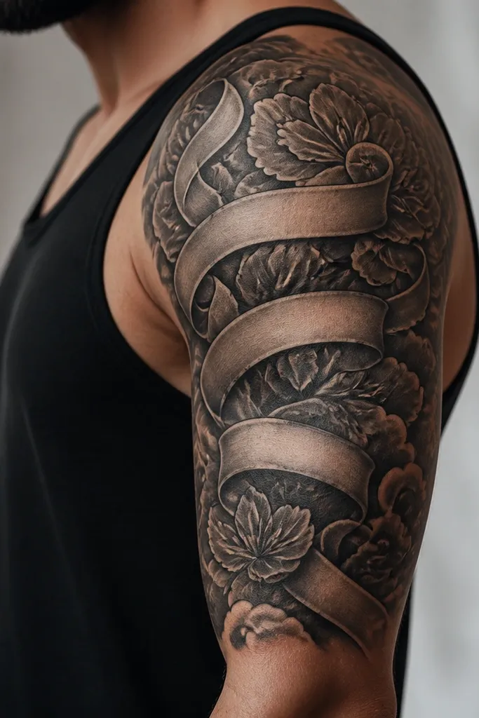 An upper arm half sleeve with bold black and gray shading, a ribbon banner wrapping along the bicep, and stylized lettering in the banner.