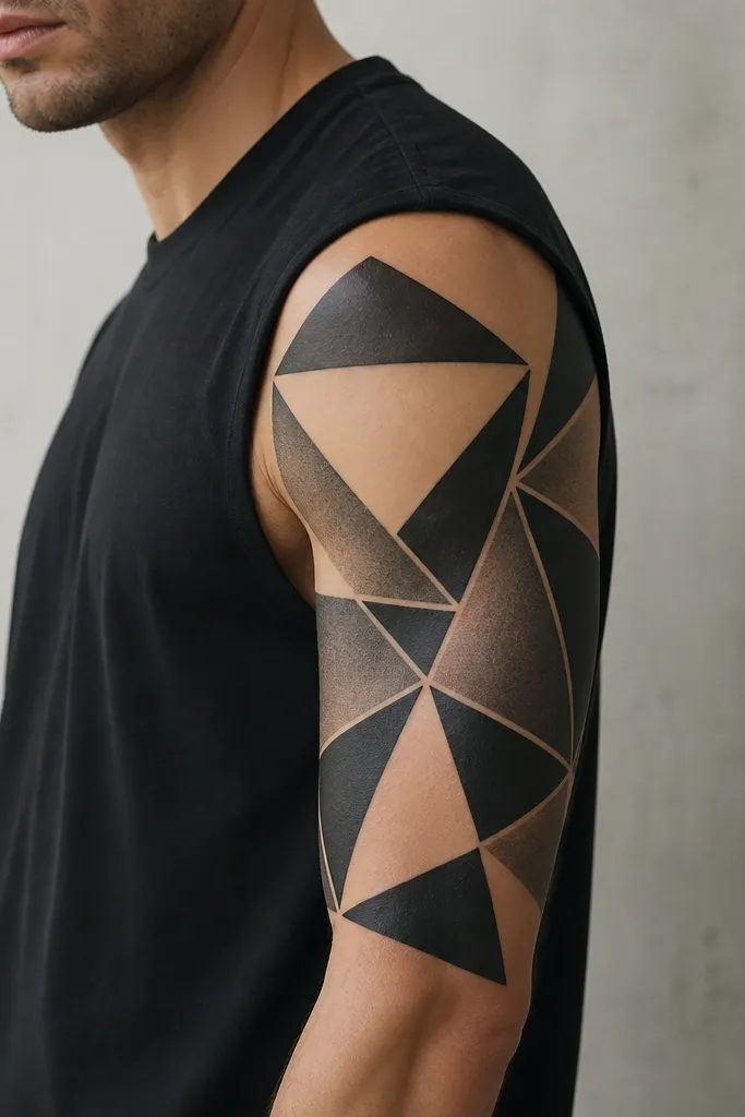 Upper arm half sleeve made of interlocking triangles in black and gray, with clean lines and large areas left as bare skin forming geometric negative space.