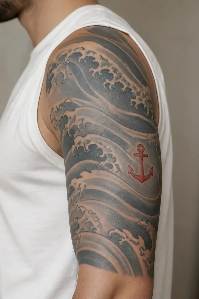 A half sleeve with flowing blue-gray wave bands wrapping around the upper arm, and a single small red anchor symbol placed near the outer bicep.