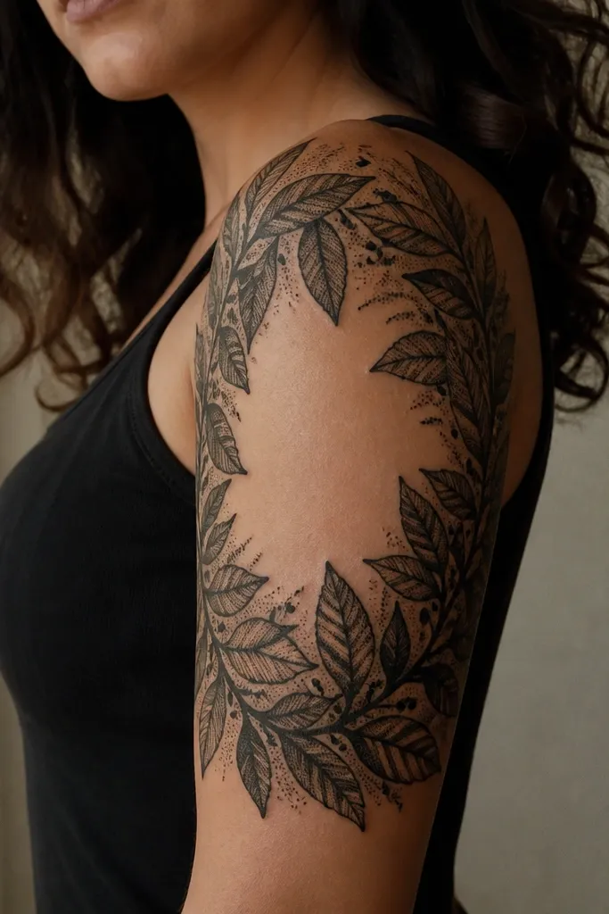 Upper arm half sleeve with a bold black botanical frame around a central empty area, plus hand-poked dot texture in the leaves and small gaps of skin showing through.