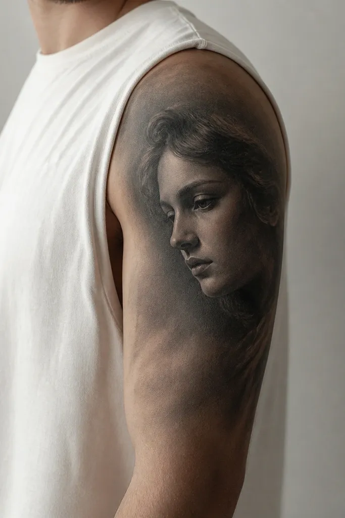 A half sleeve where a small portrait head sits on the outer bicep, with a soft gray background gradient fading into negative space toward the inner arm.