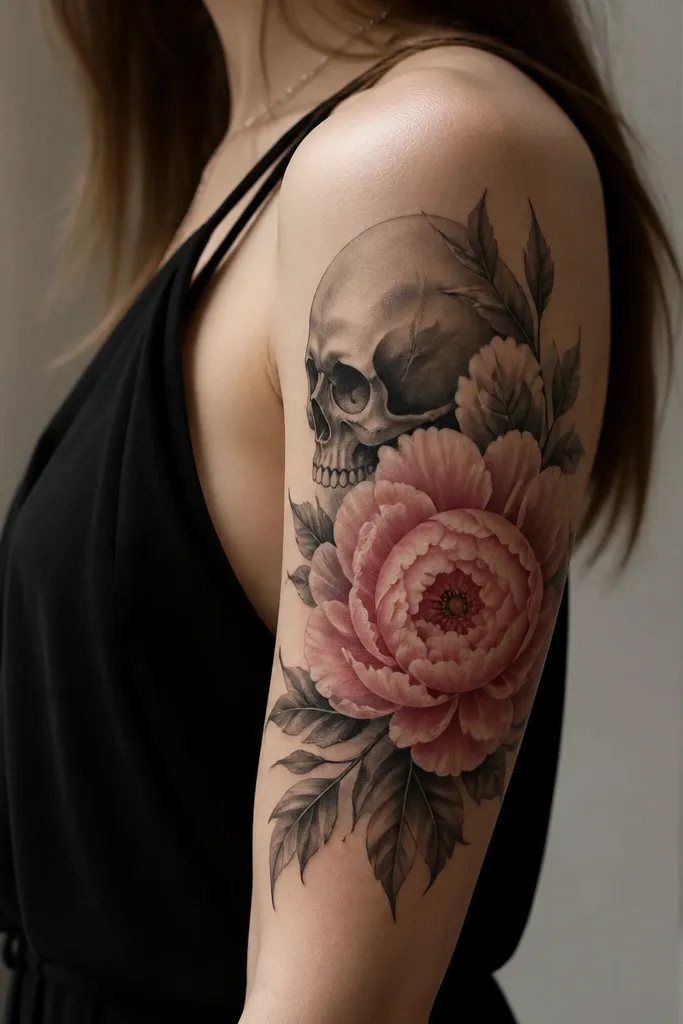 Upper arm half sleeve featuring a small black skull near the tricep cap and a peony bloom in soft pink with gray shading on the outer bicep.