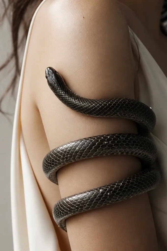A snake wraps around the upper arm with black and gray scales, and small pearl-like white highlights on the head and along the coils.