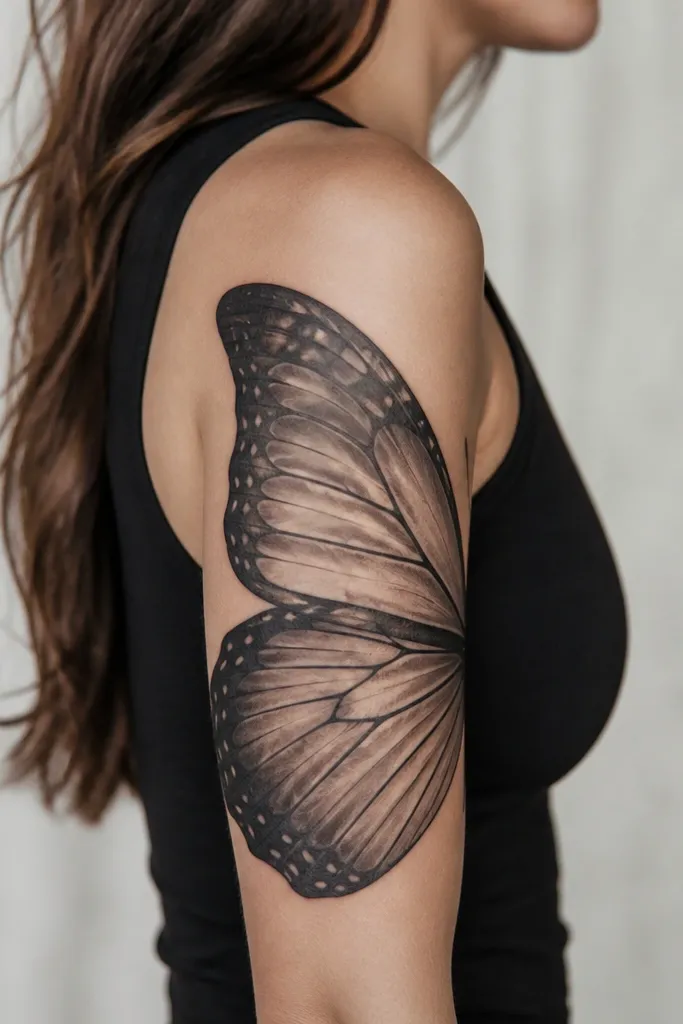 Upper arm half sleeve with butterfly wings spread over the outer bicep, using a soft ombre from deep black at the edges to lighter gray toward the inner arm.