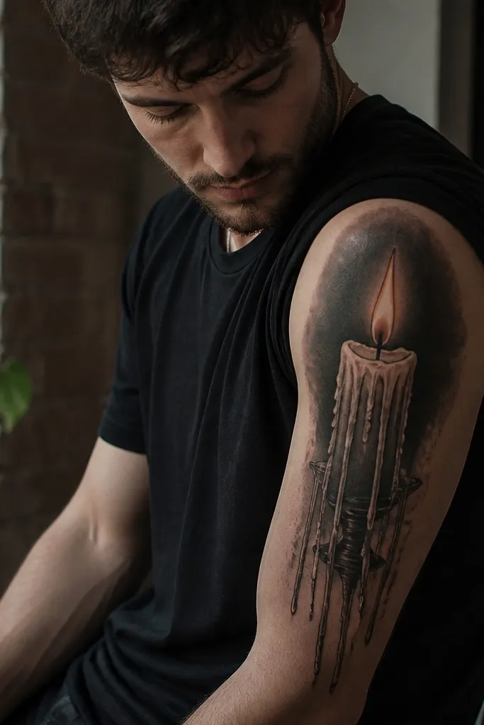 Half sleeve showing a candle on the upper arm with blackwork shading, wax drips down toward the inner arm, and a small flame highlighted in warm yellow-orange.