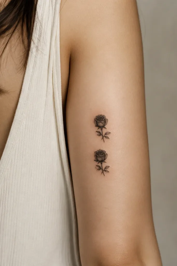 Two small black rosebuds stacked vertically on the inner upper arm; each rose has a tight dot-gradient center and a few simple leaf outlines.