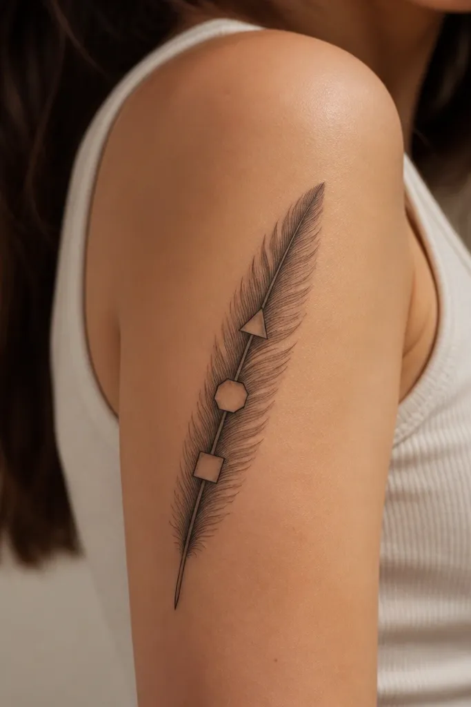 A single feather angled diagonally across the outer upper arm with three small geometric shapes (a triangle, a hexagon, and a square) placed like "stops" along the shaft.