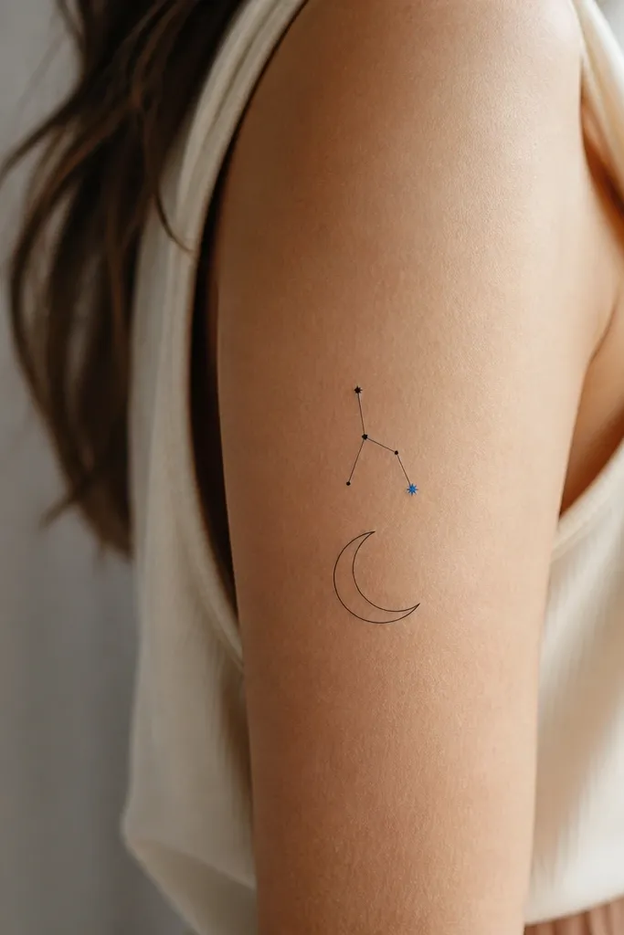 A crescent moon outlined in fine black line art with a small constellation of 6 dots connected by short lines above it on the upper arm; a single dot glows in light blue.