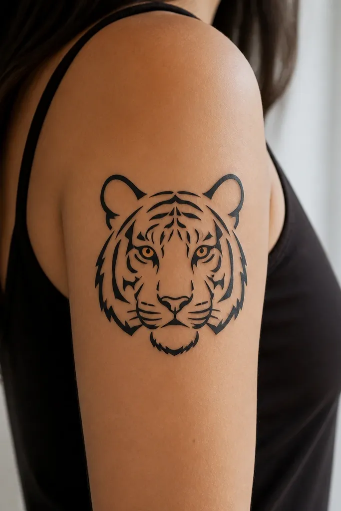 A bold black outline tiger face on the outer upper arm with simplified stripes; one eye has a bright orange fill and a tiny black pupil.