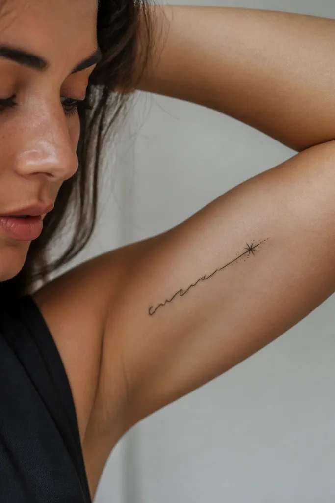 Small black cursive script across the inner upper arm ending in a starburst flourish; the last letter tail has tiny dot shading.